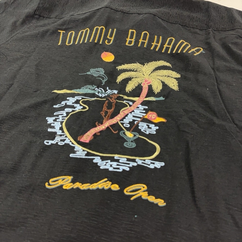 Tommy Bahama Embroidered Shirt Mens Large Black Silk Hawaiian Golf Button Up